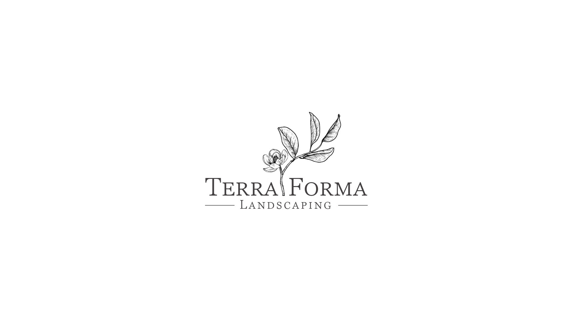 Black and white logo with a botanical illustration above the text "Terra Forma Landscaping." Simple, elegant design on a white background.