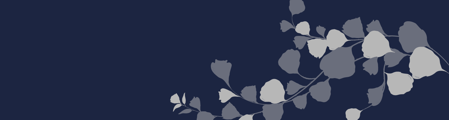 A deep blue background featuring an elegant design of stylized gray leaves and vines, creating a minimalist and tranquil aesthetic.