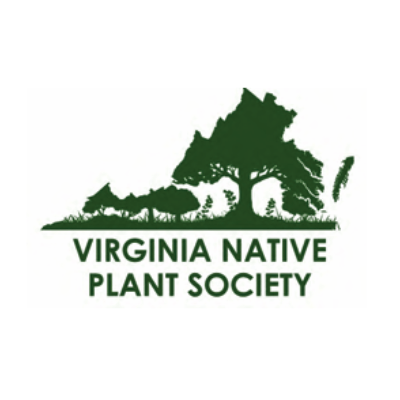 Green silhouette of Virginia with trees, featuring text "Virginia Native Plant Society" below. Simple design emphasizes nature conservation.