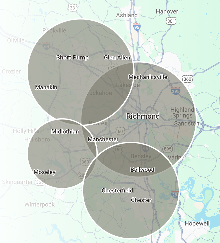 A map of Richmond, Virginia highlights areas including Short Pump, Midlothian, Mechanicsville, Chesterfield, and nearby regions. Geographical circles indicate key suburban zones.