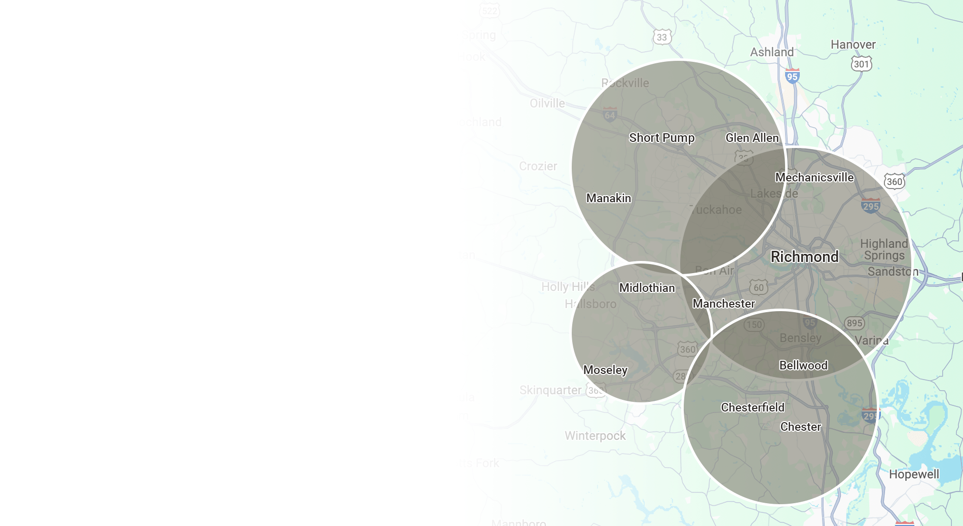 Map highlighting areas around Richmond, Virginia, displaying regions like Glen Allen, Short Pump, and Midlothian with overlapping circles over a geographic background.