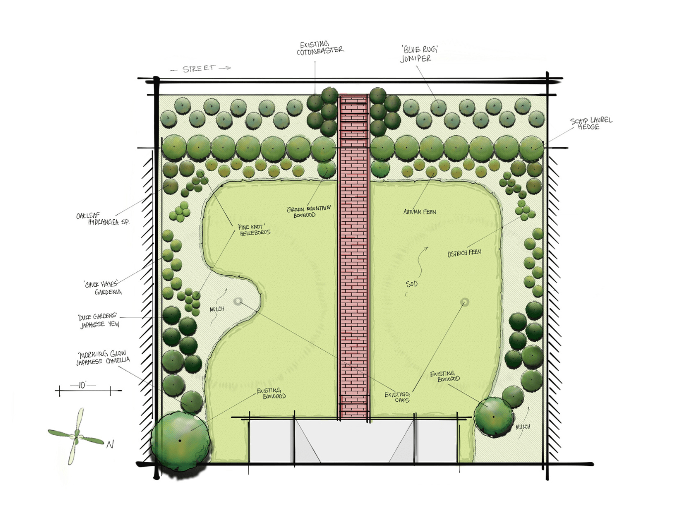 A landscape design plan features a central brick pathway, bounded by gardens and trees, with labeled features like closure, future pool, and vegetable garden.