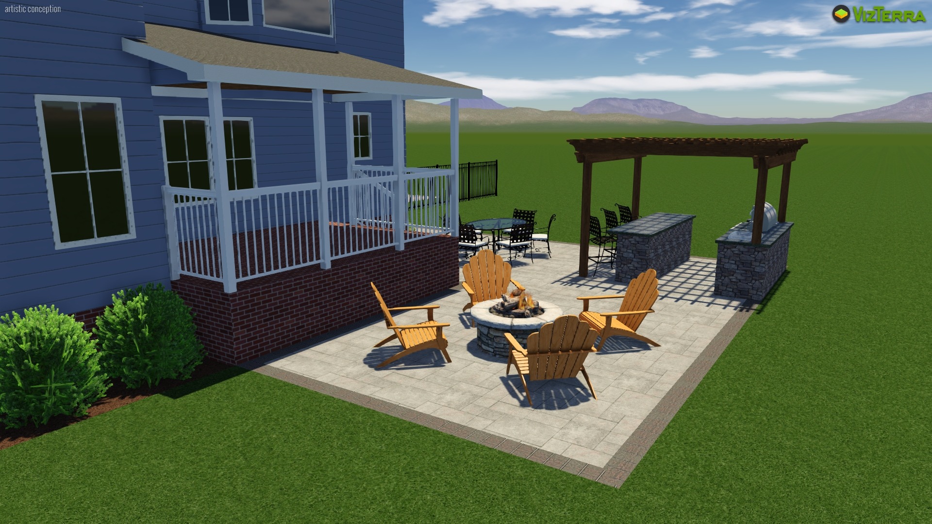 A backyard patio features Adirondack chairs around a fire pit, a shaded bar area, and a covered porch, set against a grassy landscape.