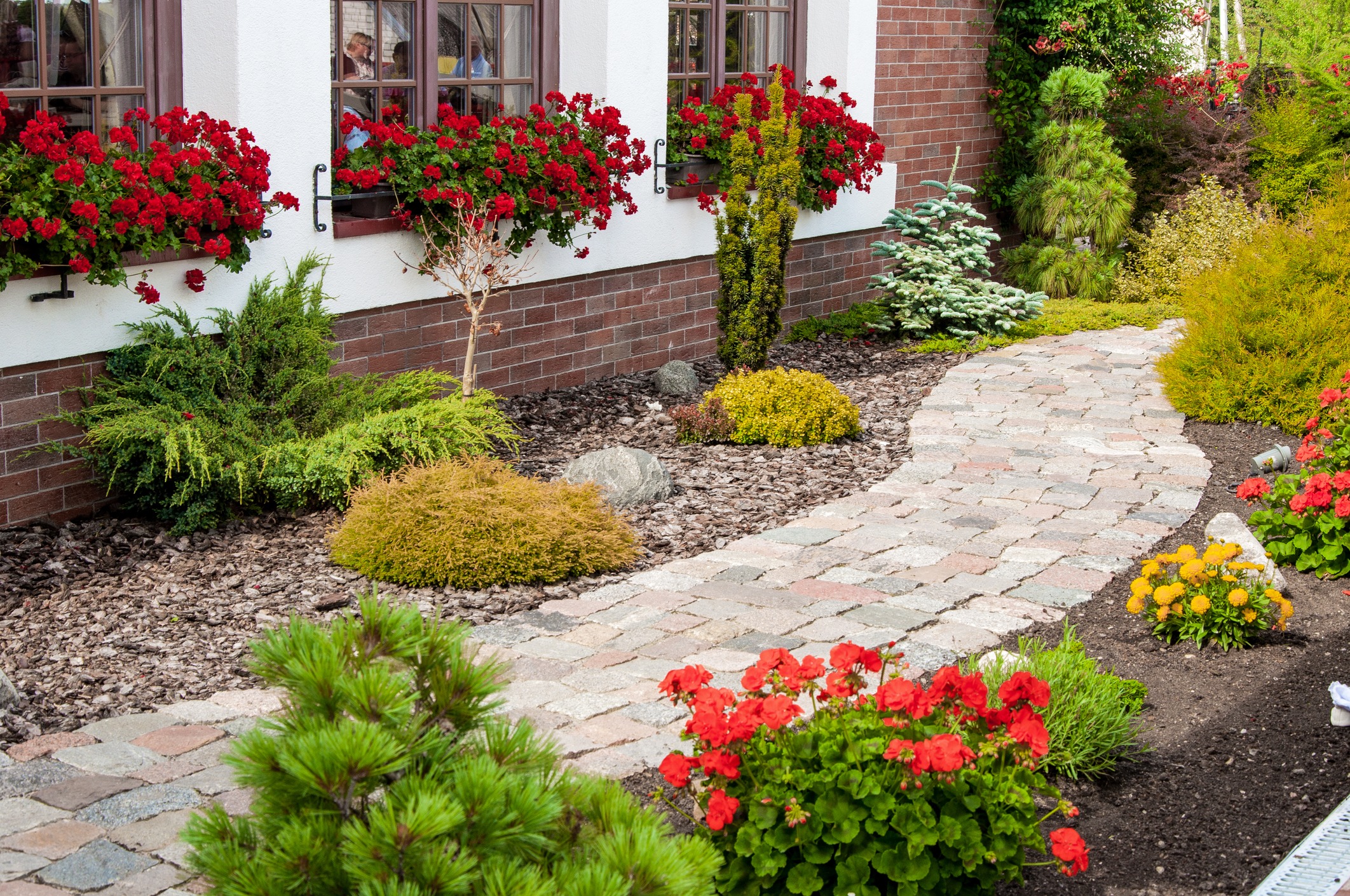 Charming garden with a stone path, vibrant red and yellow flowers, and lush greenery beside a brick and white building.