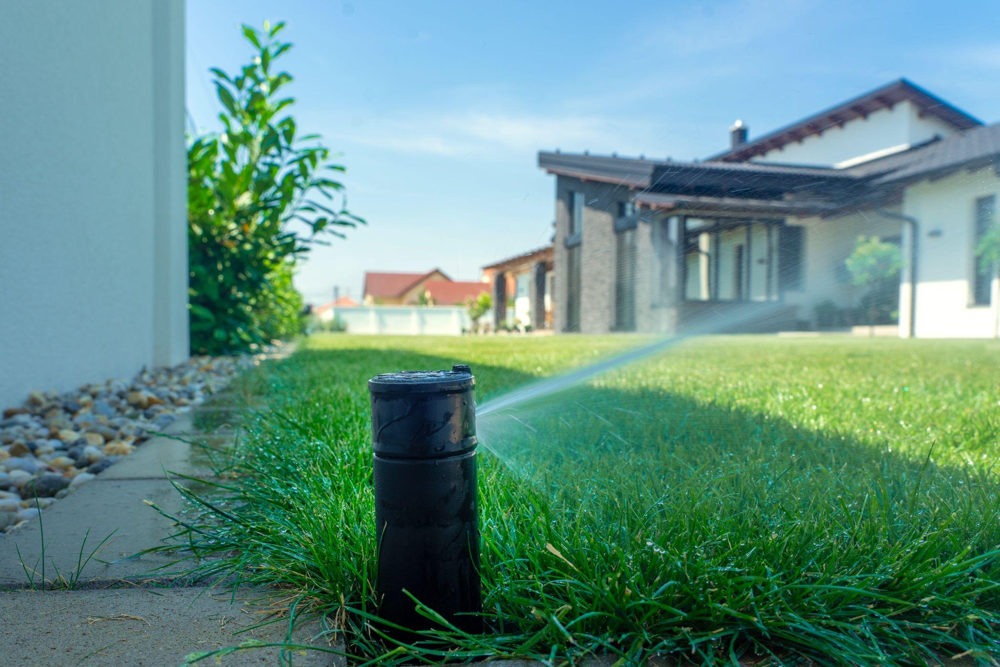 Irrigation sprinkler watering a green residential lawn beside a modern home